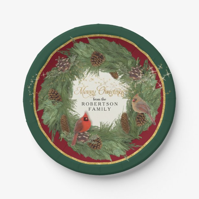 Merry Christmas Party Cardinals Pine Cone Wreath Paper Plate (Front)