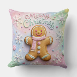 Merry Christmas Pastel Gingerbread Man Snowflakes Cushion