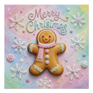 Merry Christmas Pastel Gingerbread Man Snowflakes Poster