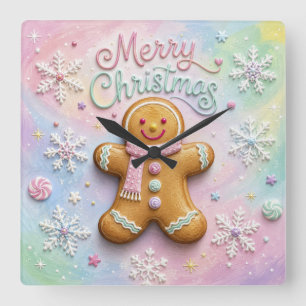 Merry Christmas Pastel Gingerbread Man Snowflakes  Square Wall Clock