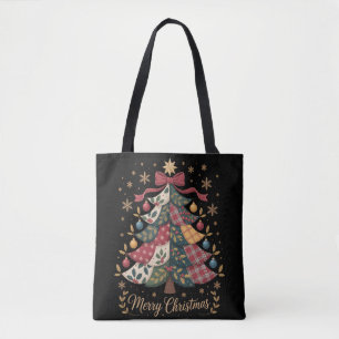 Merry Christmas Patchwork Christmas Tree Tote Bag