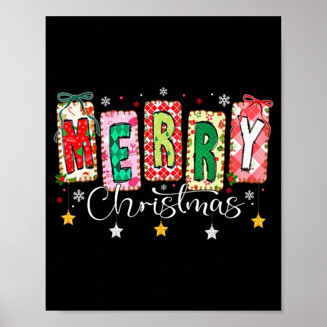 Merry Christmas Patchwork Coquette Bow Xmas Girl W Poster (Front)