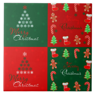 Merry Christmas Patchwork in Winter Green and Red Ceramic Tile