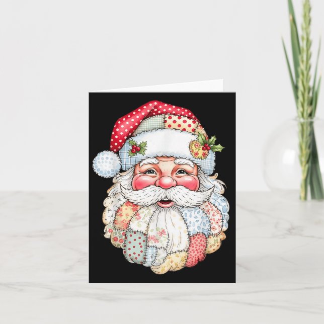 Merry Christmas Patchwork Santa Claus Face X-mas H Card (Front)