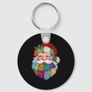 Merry Christmas Patchwork Santa Claus Face X-mas H Key Ring