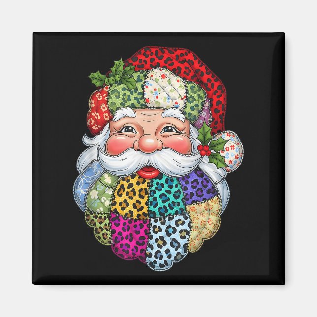 Merry Christmas Patchwork Santa Claus Face X-mas H Magnet (Front)