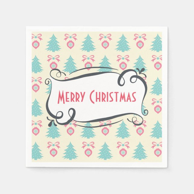 Merry Christmas Pattern with Trees Baubles & Bows Napkin (Front)