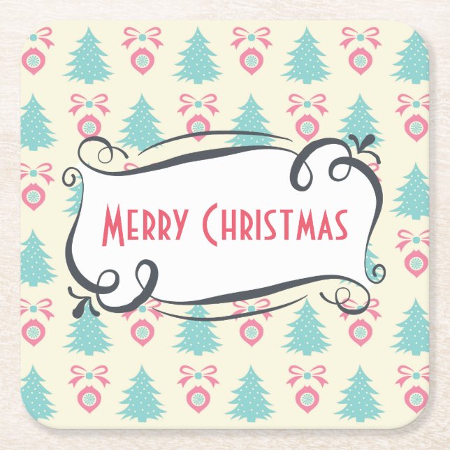 Merry Christmas Pattern with Trees Baubles & Bows Square Paper Coaster (Front)