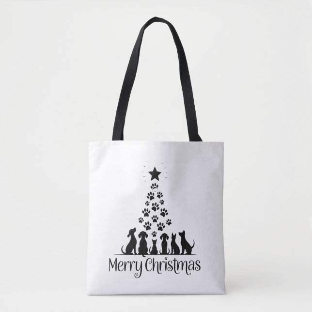 Merry Christmas Paw Tree Dog Lover Cat Lover Mum Tote Bag (Front)
