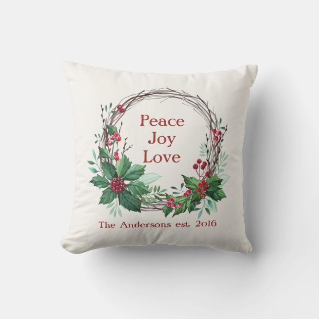 Merry Christmas Peace Joy Love Holly Wreath Rustic Cushion (Front)