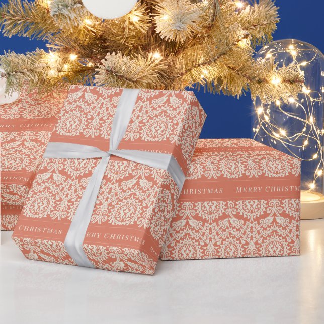 Merry Christmas Peach Damask Pattern Customisable Wrapping Paper (Holidays)