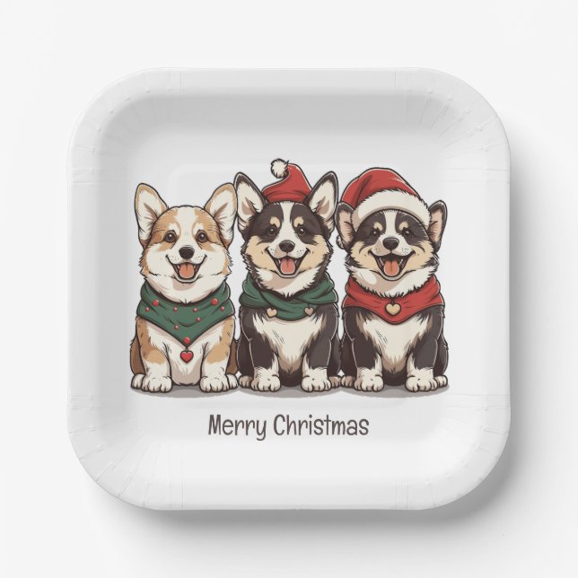 Merry Christmas Pembroke Welsh Corgi Dogs Paper Plate (Front)