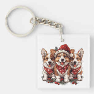 Merry Christmas Pembroke Welsh Corgi Puppies Key Ring