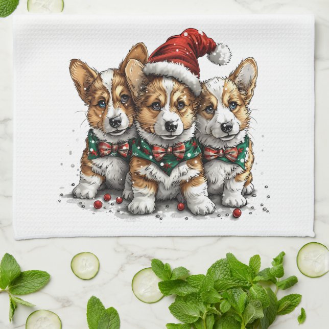 Merry Christmas Pembroke Welsh Corgi Puppies Tea Towel (Folded)