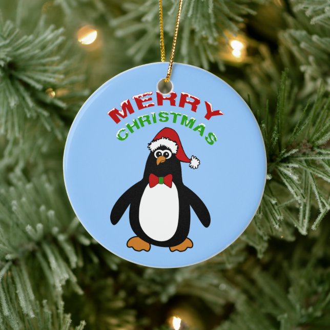 Merry Christmas Penguin Ceramic Ornament (Tree)