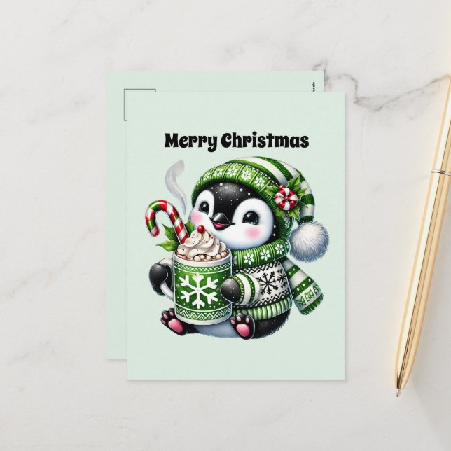 Merry Christmas penguin customisable Holiday Postcard (Front/Back In Situ)