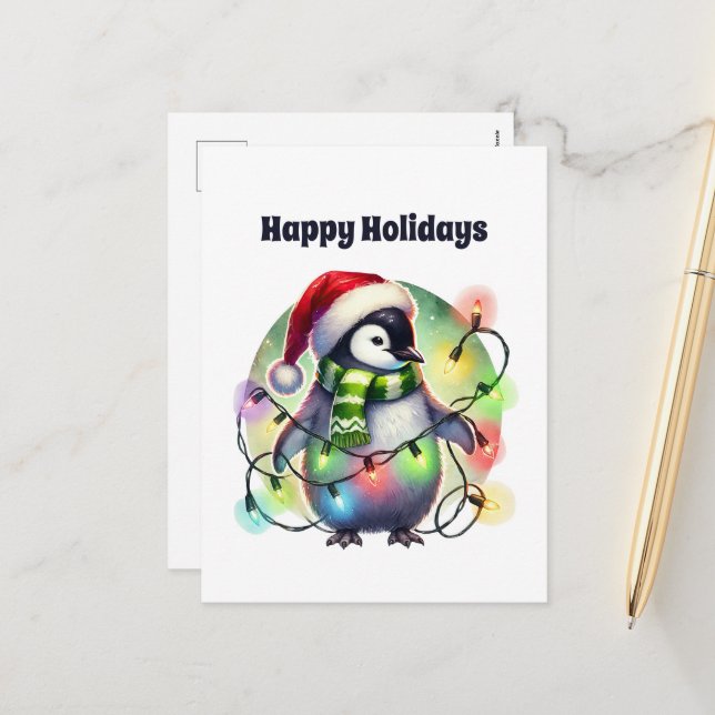 Merry Christmas penguin customisable  Holiday Postcard (Front/Back In Situ)