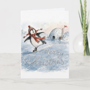 Merry Christmas Penguin Ice Skating Humour Card