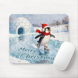 Merry Christmas Penguin Ice Skating Mouse Pad