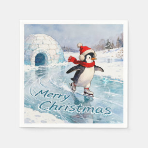 Merry Christmas Penguin Ice Skating Napkin
