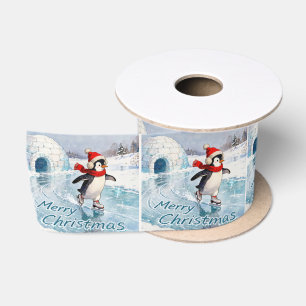 Merry Christmas Penguin Ice Skating Satin Ribbon