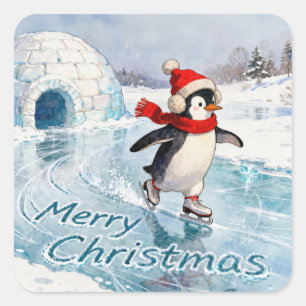 Merry Christmas Penguin Ice Skating Square Sticker