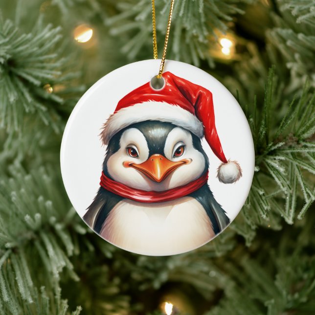 Merry Christmas Penguin in Santa Hat Scarf Cute Ceramic Ornament (Tree)