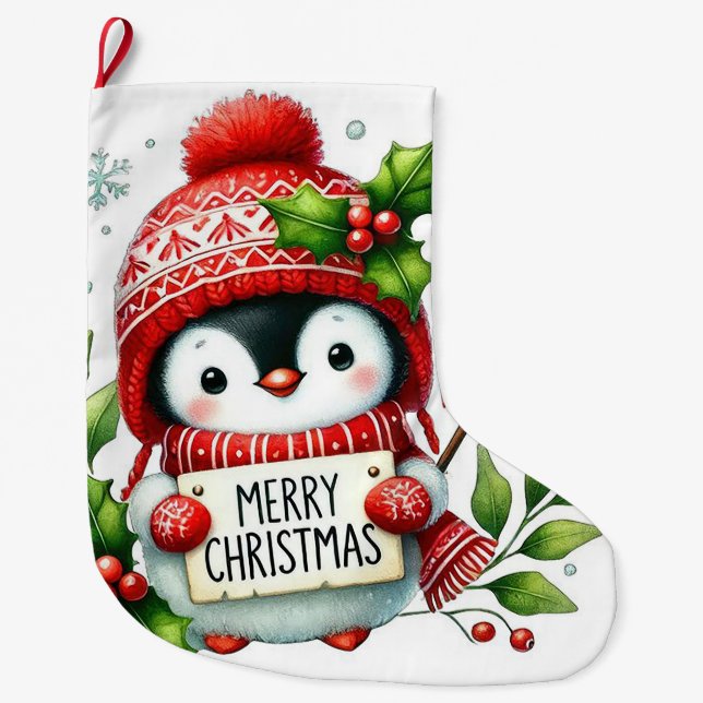 Merry Christmas Penguin Large Christmas Stocking (Front)