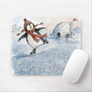 Merry Christmas Penguin on Ice Skates Mouse Pad