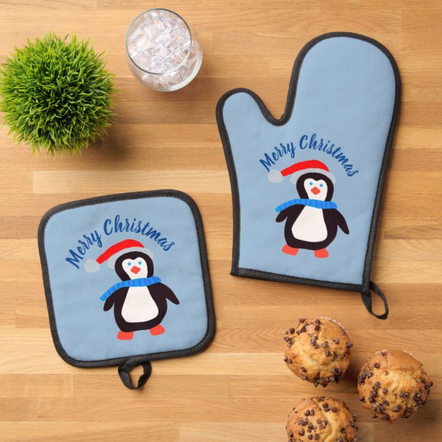 Merry Christmas Penguin  Oven Mitt & Pot Holder Set (Top Down)