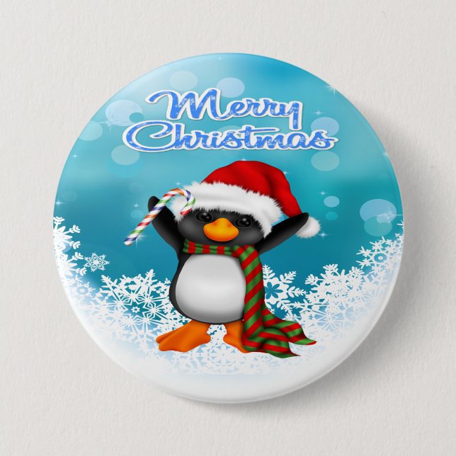 Merry Christmas Penguin Round Button (Front)