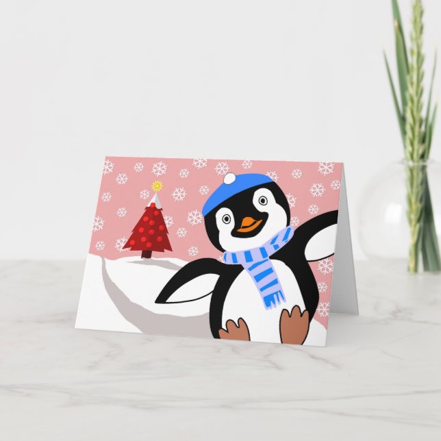 Merry Christmas, Penguin Sliding Downhill Holiday Card (Front)