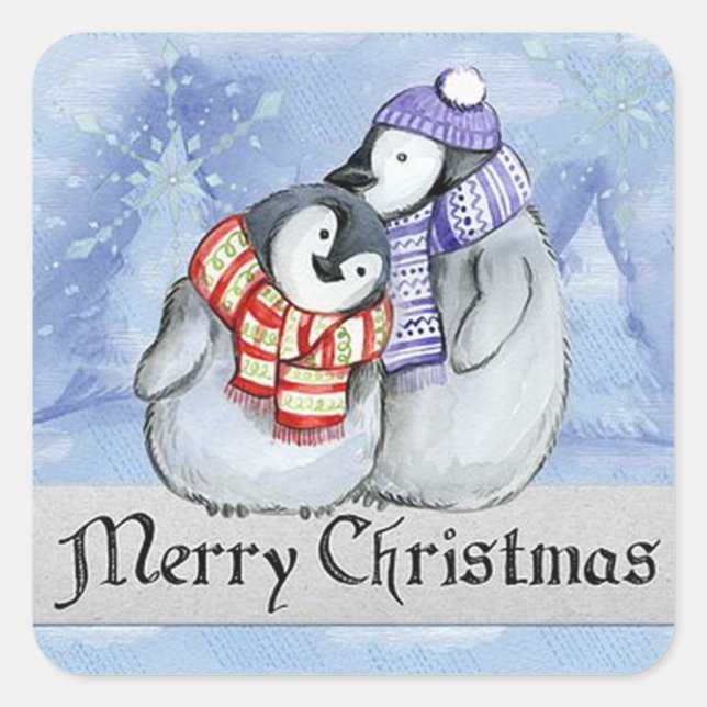Merry Christmas Penguin Square Sticker (Front)