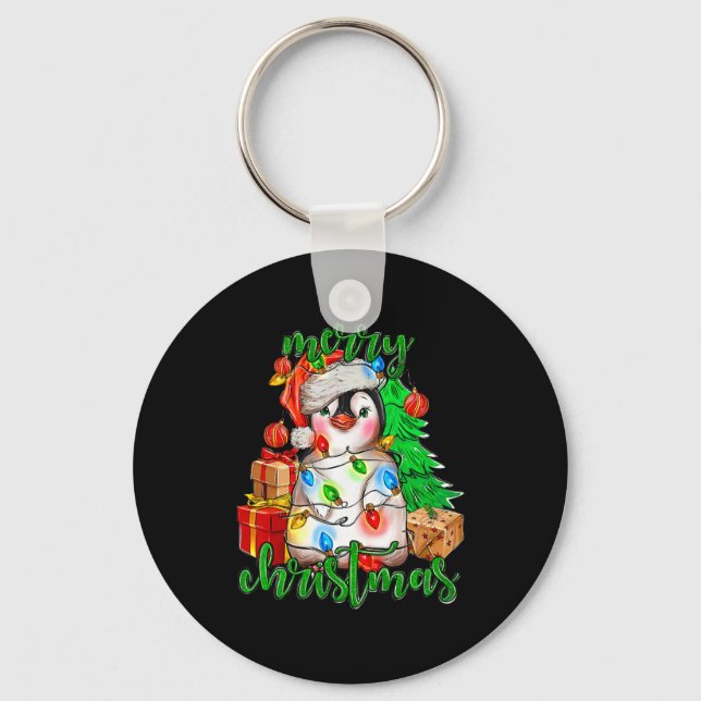 Merry Christmas Penguin Tree Lights Santa Hat Funn Key Ring (Front)