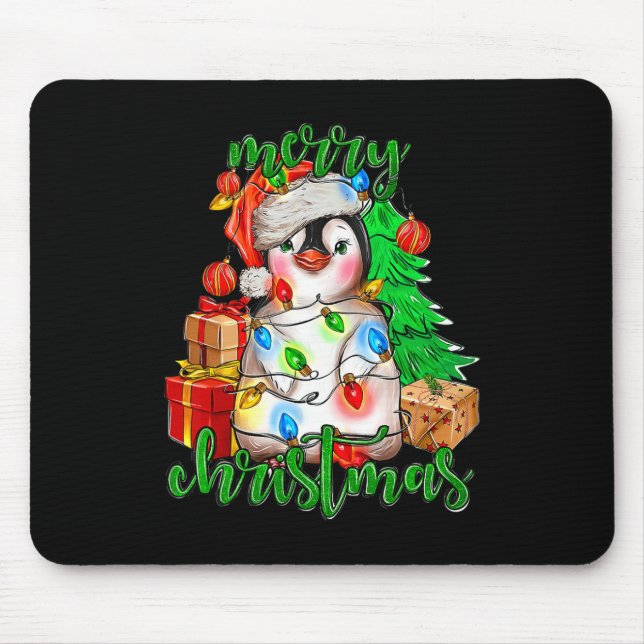 Merry Christmas Penguin Tree Lights Santa Hat Funn Mouse Pad (Front)