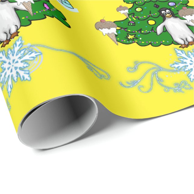 Merry Christmas Penguin Yellow Wrapping Paper (Roll Corner)