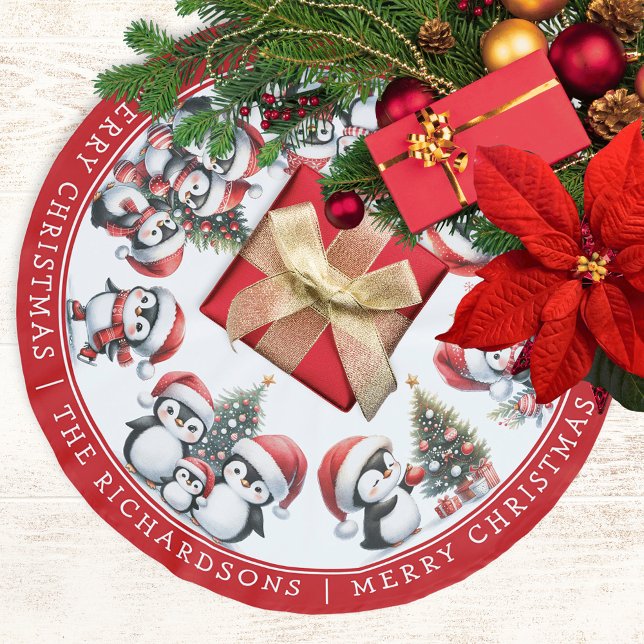 Merry Christmas Penguins Family Name White and Red Brushed Polyester Tree Skirt (Creator Uploaded)