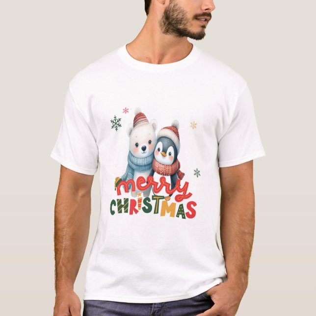 Merry Christmas Penguins Hugging - Cute Holiday T-Shirt (Front)