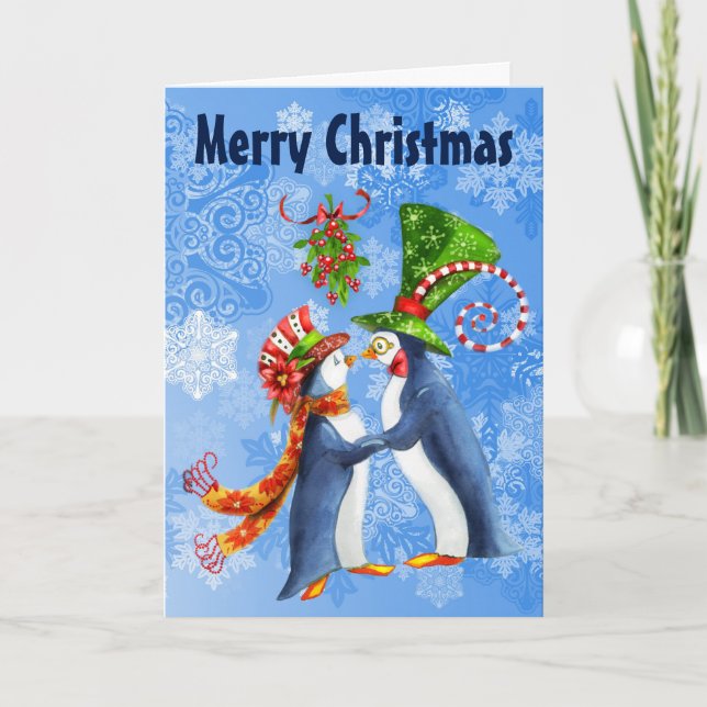 Merry Christmas Penguins in Love Under Mistletoe Holiday Card (Front)