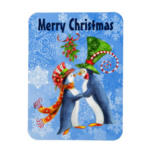 Merry Christmas Penguins in Love Under Mistletoe Magnet