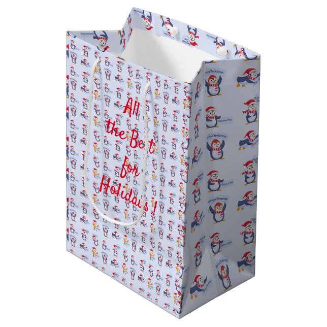 Merry Christmas Penguins Medium Gift Bag (Front Angled)