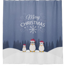 Merry Christmas Penguins Shower Curtain