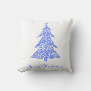 Merry Christmas, periwinkle blue swirl tree Cushion