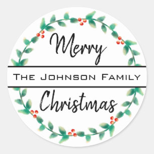 Merry Christmas Personal Family Name Holly Wreath Classic Round Sticker