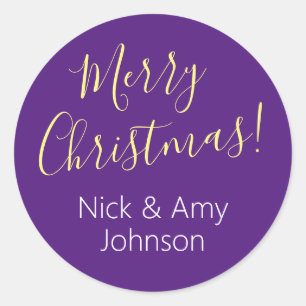 "Merry Christmas" Personalise Names/Royal Purple Classic Round Sticker