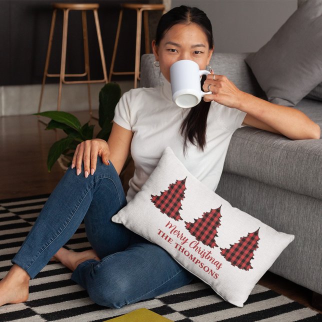 Merry Christmas Personalised Buffalo Check Lumbar Cushion (Merry Christmas holiday Christmas tree buffalo check pattern. )