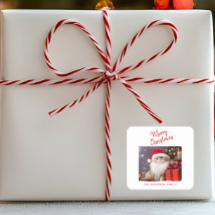 Merry Christmas Personalised Cat Photo Holiday Square Sticker