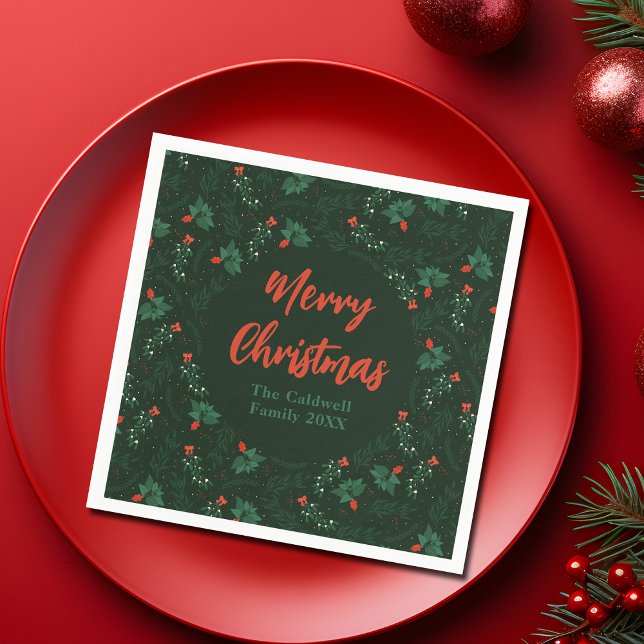 Merry Christmas Personalised Green Mistletoe Party Napkin (Creator Uploaded)