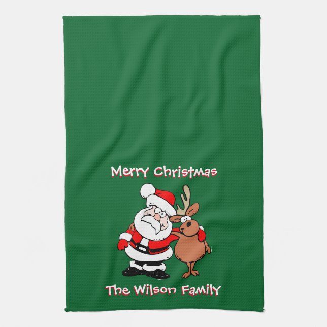 Merry Christmas Personalised Green Tea Towel (Vertical)