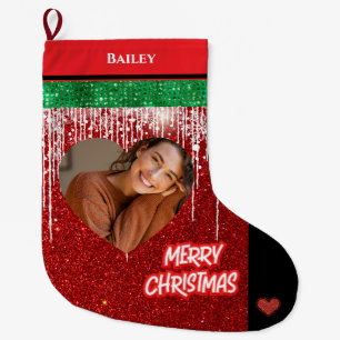 Merry Christmas Personalised Heart Photo and Name Large Christmas Stocking
